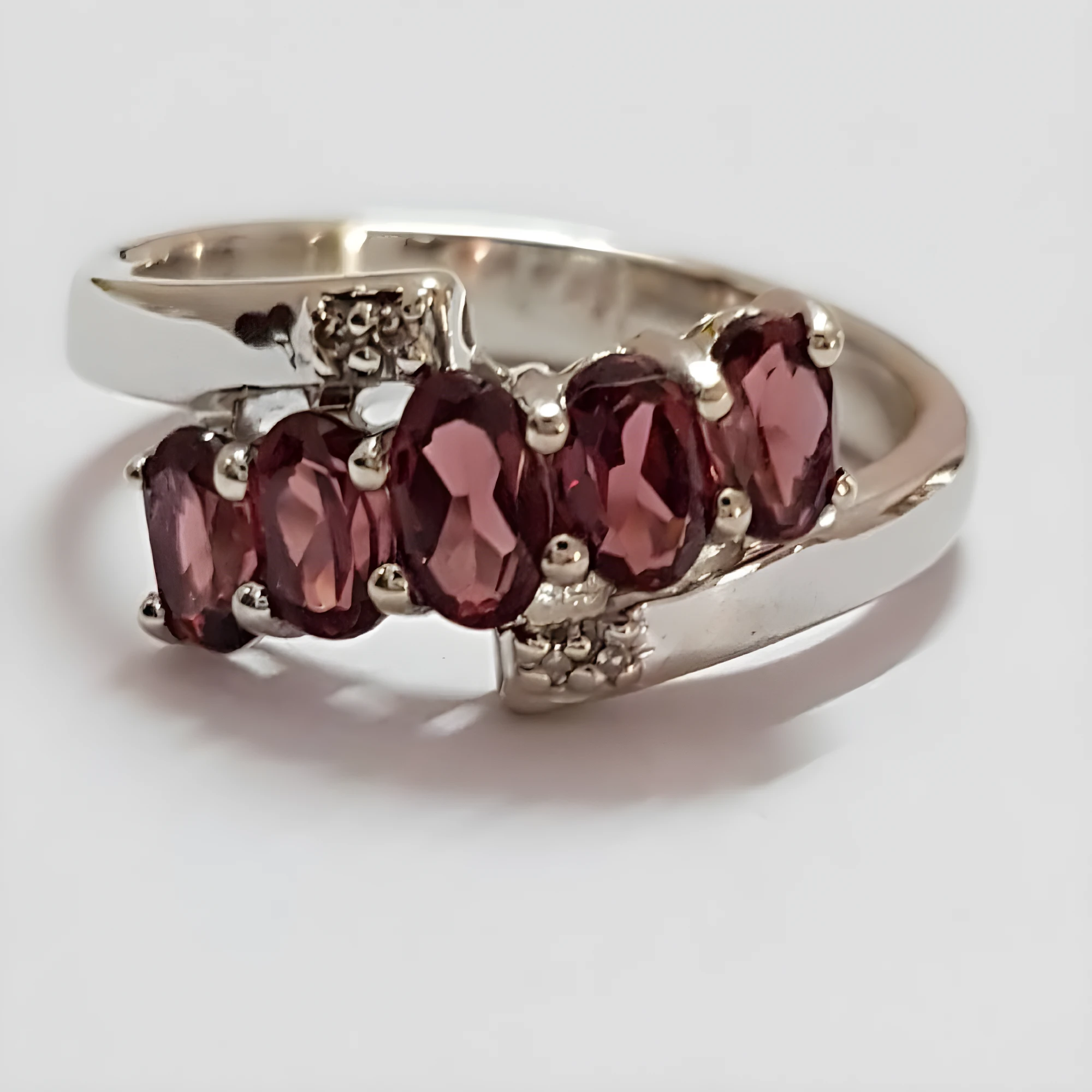 Sterling Silver Bypass Ring with Five Oval Rhodolite Garnets