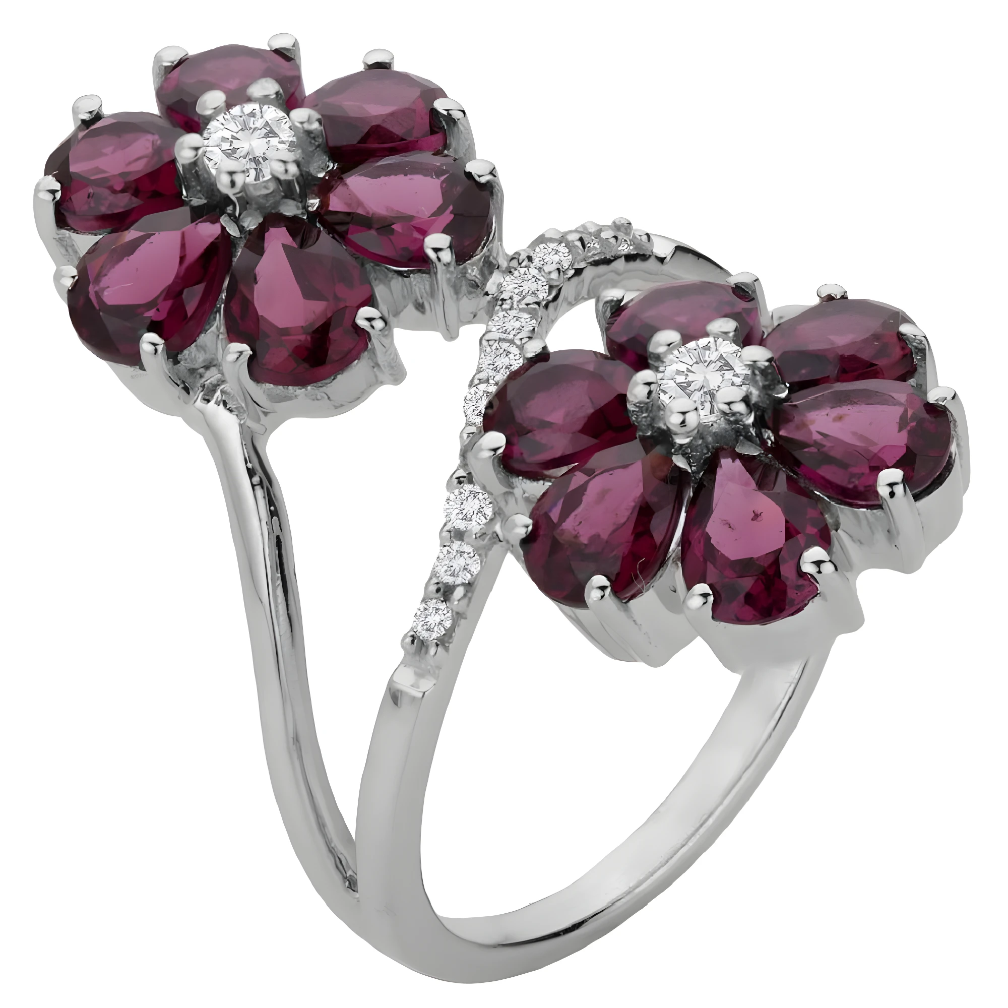 Sterling Silver Dual Flower Ring with Pear-Cut Garnets and Diamond Accents
