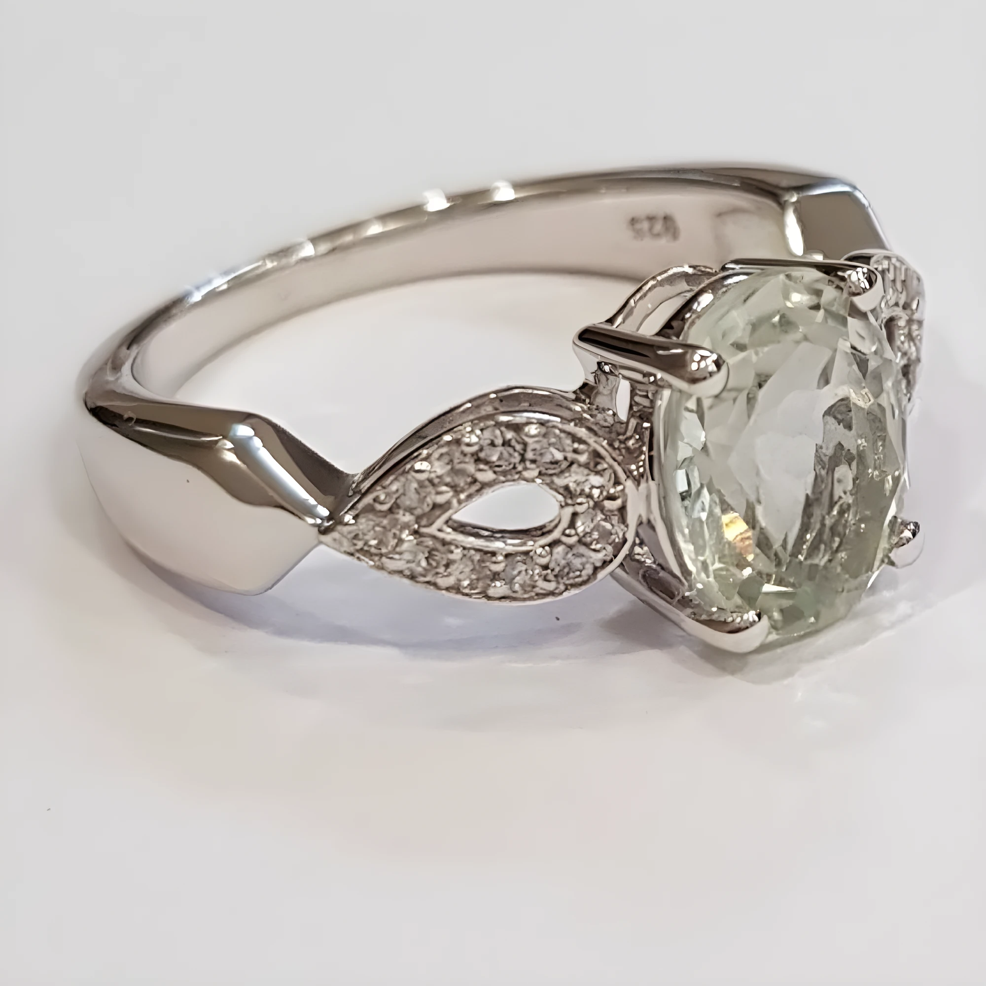 Sterling Silver Oval Prasiolite Ring with Pave White Topaz Accents
