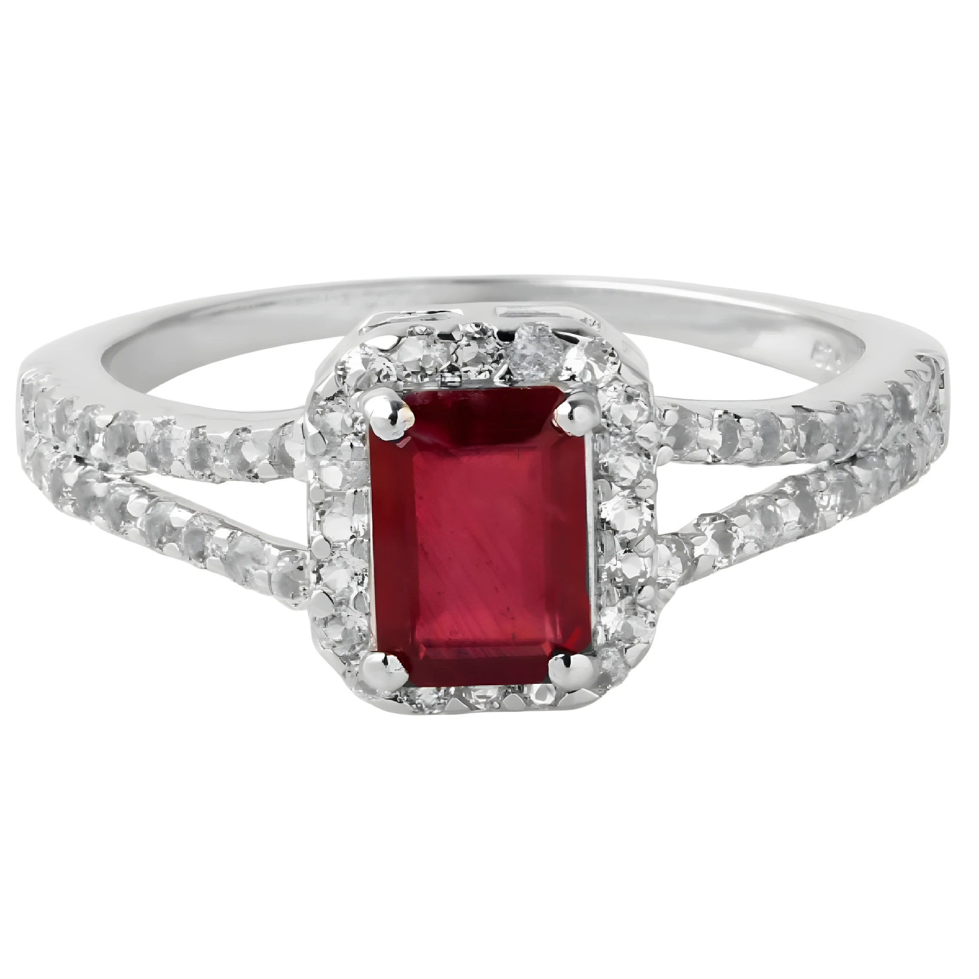 Sterling Silver Ring with Rectangular Red Gemstone and Double Halo